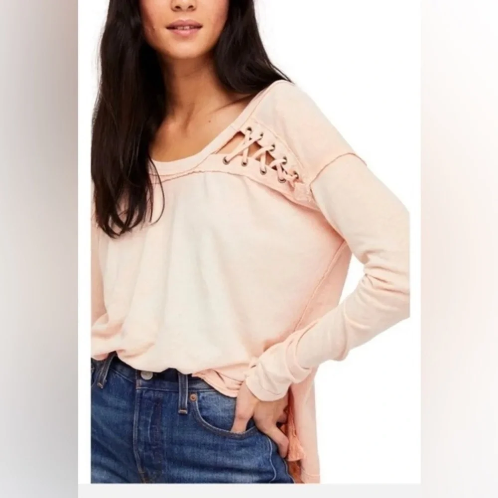Free People We The Free First Love Lace-up Peach Linen Blend Tee Medium